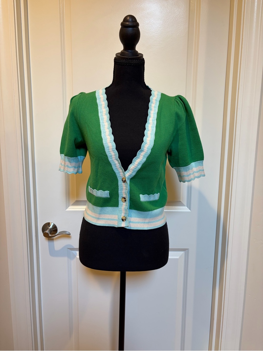 Maeve Green Knit Top with Mint Trim - X-Small